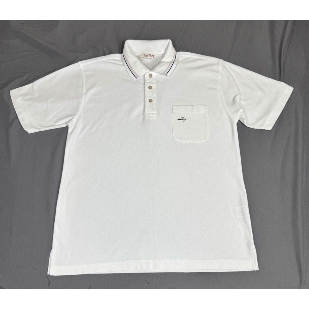 Vintage Troy Bros White Short Sleeve Polo Shirt Striped Collar Mens Medium - Picture 7 of 13